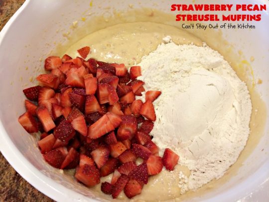 Strawberry Pecan Streusel Muffins | Can't Stay Out of the Kitchen | these fantastic #muffins are filled with #strawberries. They have a #pecan #streusel topping. Then they're glazed with vanilla icing. They're the perfect treat for a company or #holiday #breakfast like #FathersDay. Everyone always raves over them. #BreakfastMuffins #StrawberryMuffins #StrawberryPecanStreuselMuffins
