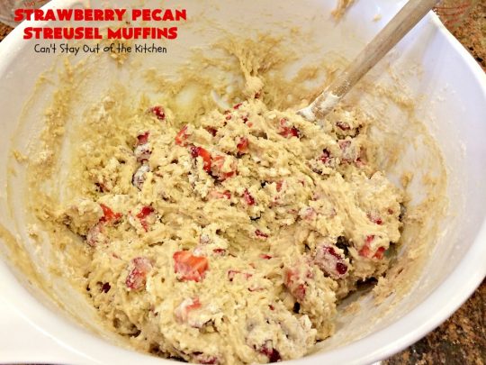 Strawberry Pecan Streusel Muffins | Can't Stay Out of the Kitchen | these fantastic #muffins are filled with #strawberries. They have a #pecan #streusel topping. Then they're glazed with vanilla icing. They're the perfect treat for a company or #holiday #breakfast like #FathersDay. Everyone always raves over them. #BreakfastMuffins #StrawberryMuffins #StrawberryPecanStreuselMuffins