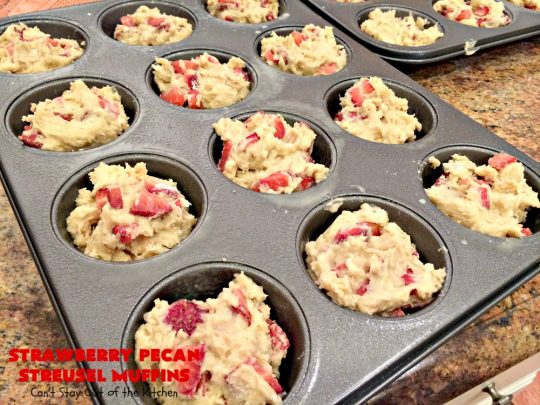 Strawberry Pecan Streusel Muffins | Can't Stay Out of the Kitchen | these fantastic #muffins are filled with #strawberries. They have a #pecan #streusel topping. Then they're glazed with vanilla icing. They're the perfect treat for a company or #holiday #breakfast like #FathersDay. Everyone always raves over them. #BreakfastMuffins #StrawberryMuffins #StrawberryPecanStreuselMuffins