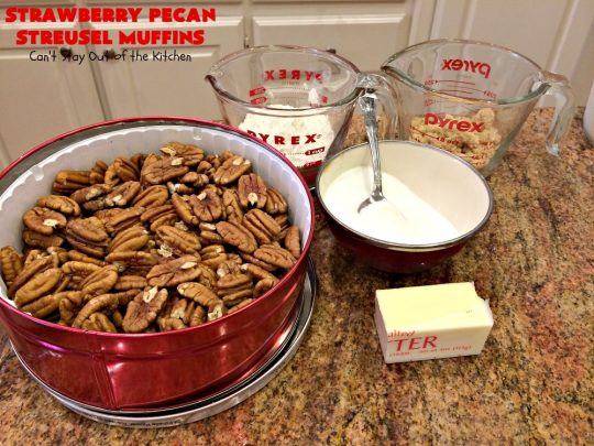 Strawberry Pecan Streusel Muffins | Can't Stay Out of the Kitchen | these fantastic #muffins are filled with #strawberries. They have a #pecan #streusel topping. Then they're glazed with vanilla icing. They're the perfect treat for a company or #holiday #breakfast like #FathersDay. Everyone always raves over them. #BreakfastMuffins #StrawberryMuffins #StrawberryPecanStreuselMuffins