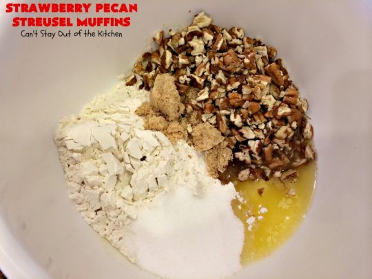 Strawberry Pecan Streusel Muffins | Can't Stay Out of the Kitchen | these fantastic #muffins are filled with #strawberries. They have a #pecan #streusel topping. Then they're glazed with vanilla icing. They're the perfect treat for a company or #holiday #breakfast like #FathersDay. Everyone always raves over them. #BreakfastMuffins #StrawberryMuffins #StrawberryPecanStreuselMuffins