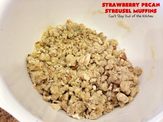 Strawberry Pecan Streusel Muffins | Can't Stay Out of the Kitchen | these fantastic #muffins are filled with #strawberries. They have a #pecan #streusel topping. Then they're glazed with vanilla icing. They're the perfect treat for a company or #holiday #breakfast like #FathersDay. Everyone always raves over them. #BreakfastMuffins #StrawberryMuffins #StrawberryPecanStreuselMuffins