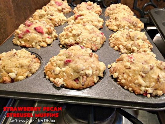 Strawberry Pecan Streusel Muffins | Can't Stay Out of the Kitchen | these fantastic #muffins are filled with #strawberries. They have a #pecan #streusel topping. Then they're glazed with vanilla icing. They're the perfect treat for a company or #holiday #breakfast like #FathersDay. Everyone always raves over them. #BreakfastMuffins #StrawberryMuffins #StrawberryPecanStreuselMuffins