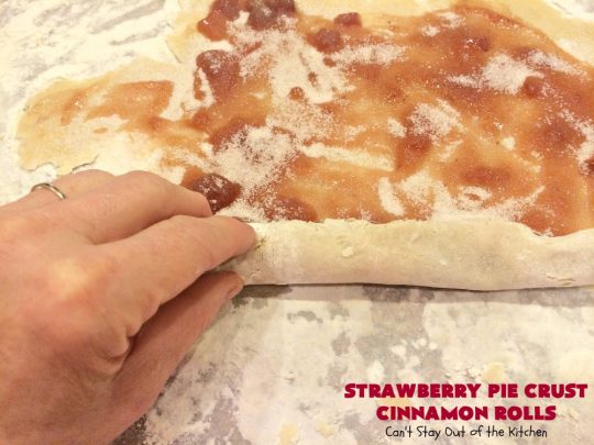 Strawberry Pie Crust Cinnamon Rolls | Can't Stay Out of the Kitchen | My mom used to treat us with these #CinnamonRolls when we got home from school. We still love these awesome treats. Great for weekend, company or #holiday #breakfasts or for snacks. #HolidayBreakfast #Strawberry #PieCrustCinnamonRolls #cinnamon #StrawberryPieCrustCinnamonRolls #FavoriteCinnamonRolls