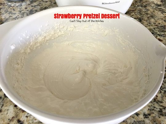 Strawberry Pretzel Dessert | Can't Stay Out of the Kitchen | this classic favorite #dessert has a #pretzel crust, #creamcheese layer & a #strawberry jello layer. It's a light dessert that's great for the #holidays.