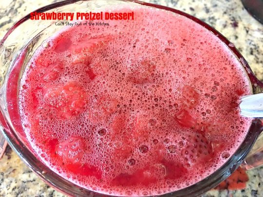 Strawberry Pretzel Dessert | Can't Stay Out of the Kitchen | this classic favorite #dessert has a #pretzel crust, #creamcheese layer & a #strawberry jello layer. It's a light dessert that's great for the #holidays.
