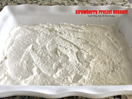 Strawberry Pretzel Dessert | Can't Stay Out of the Kitchen | this classic favorite #dessert has a #pretzel crust, #creamcheese layer & a #strawberry jello layer. It's a light dessert that's great for the #holidays.
