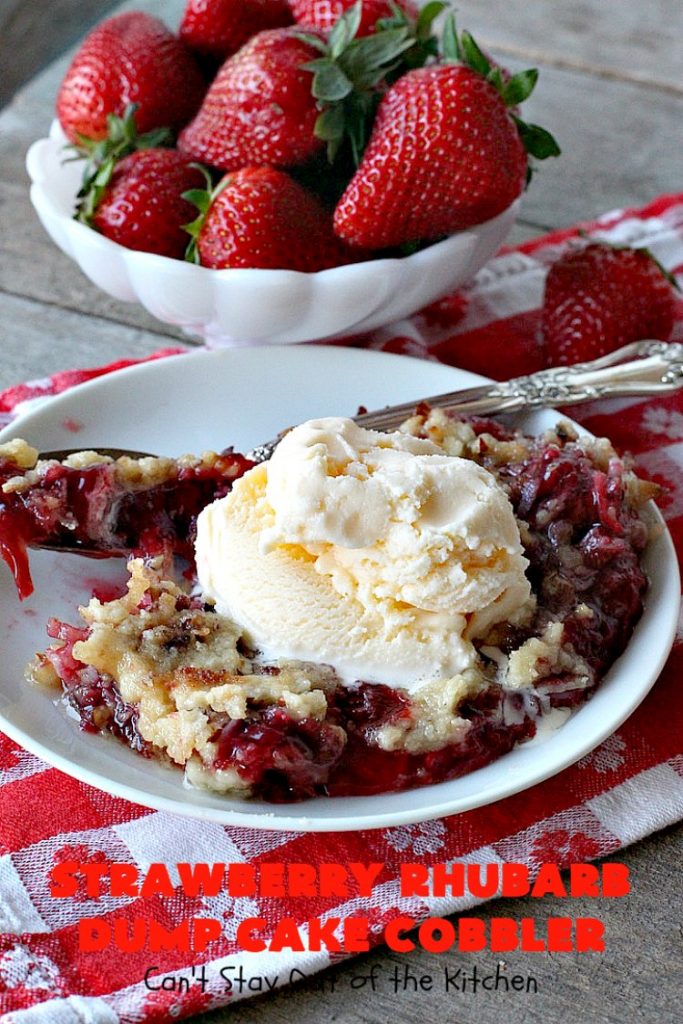 Strawberry Rhubarb Dump Cake Cobbler | Can't Stay Out of the Kitchen | this fantastic #cobbler is oven ready in 5 minutes! It's perfect for backyard #BBQs, potluck dinners or #holidays like #MothersDay or #FathersDay. #dessert #strawberry #rhubarb #dumpcake #vegan