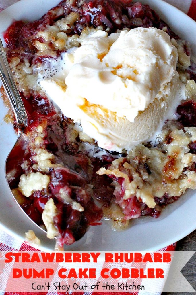 Strawberry Rhubarb Dump Cake Cobbler | Can't Stay Out of the Kitchen | this fantastic #cobbler is oven ready in 5 minutes! It's perfect for backyard #BBQs, potluck dinners or #holidays like #MothersDay or #FathersDay. #dessert #strawberry #rhubarb #dumpcake #vegan
