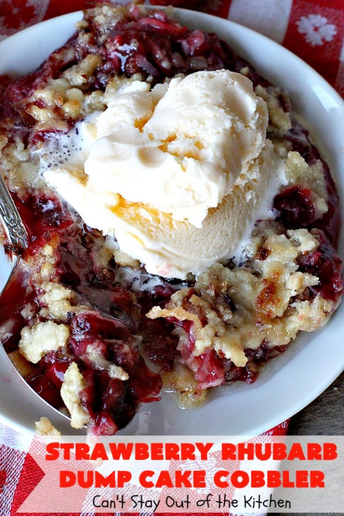 Strawberry Rhubarb Dump Cake Cobbler | Can't Stay Out of the Kitchen | this fantastic #cobbler is oven ready in 5 minutes! It's perfect for backyard #BBQs, potluck dinners or #holidays like #MothersDay or #FathersDay. #dessert #strawberry #rhubarb #dumpcake #vegan