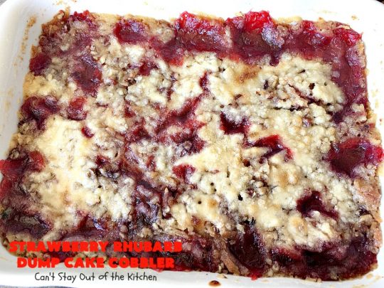 Strawberry Rhubarb Dump Cake Cobbler | Can't Stay Out of the Kitchen | this fantastic #cobbler is oven ready in 5 minutes! It's perfect for backyard #BBQs, potluck dinners or #holidays like #MothersDay or #FathersDay. #dessert #strawberry #rhubarb #dumpcake #vegan