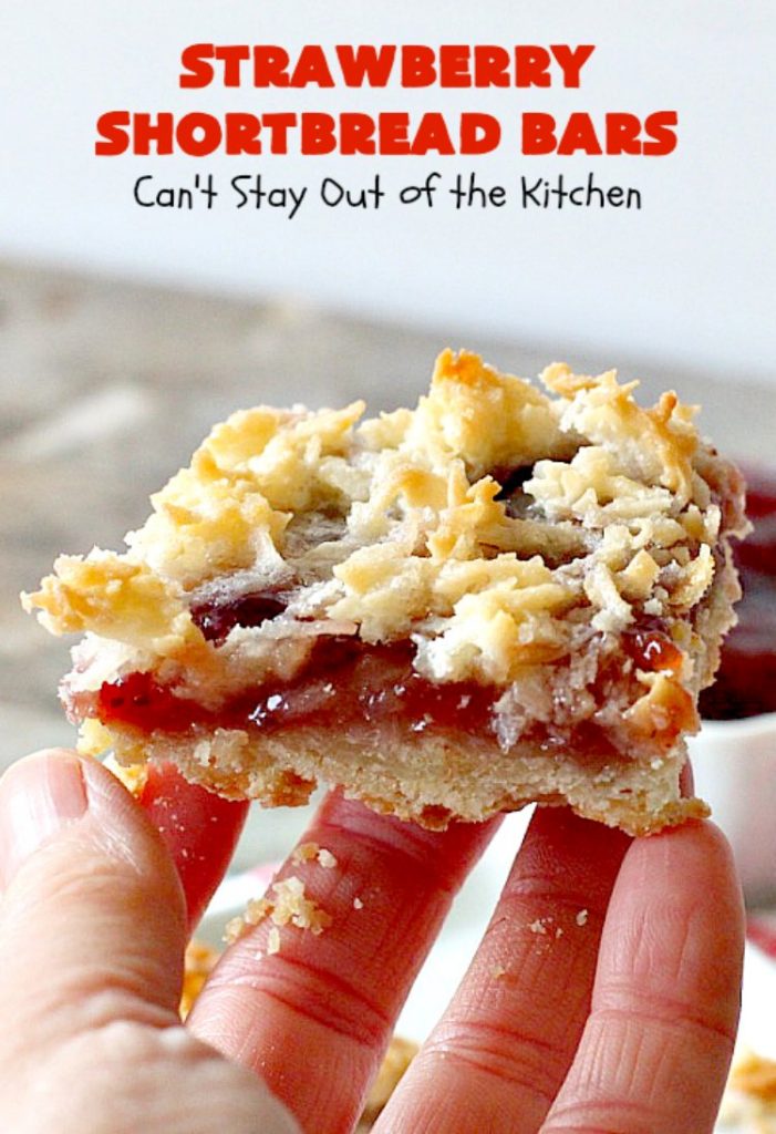 Strawberry Shortbread Bars | Can't Stay Out of the Kitchen | these fabulous #cookies have a shortbread crust, layered with #strawberry preserves & topped with a #coconut topping. They are terrific for #holiday parties & baking. #dessert