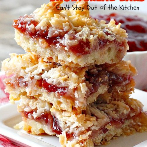 Strawberry Shortbread Bars | Can't Stay Out of the Kitchen | these fabulous #cookies have a shortbread crust, layered with #strawberry preserves & topped with a #coconut topping. They are terrific for #holiday parties & baking. #dessert