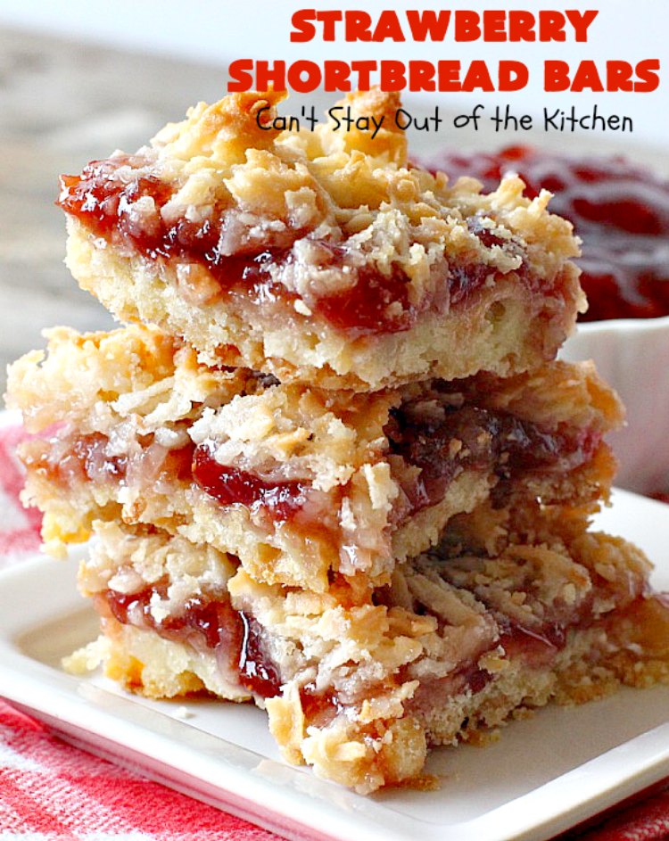 Strawberry Shortbread Bars | Can't Stay Out of the Kitchen | these fabulous #cookies have a shortbread crust, layered with #strawberry preserves & topped with a #coconut topping. They are terrific for #holiday parties & baking. #dessert