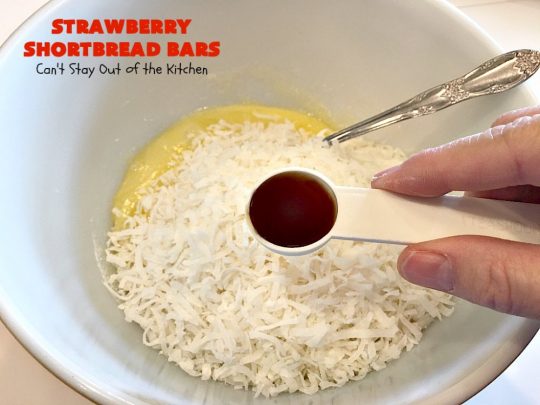 Strawberry Shortbread Bars | Can't Stay Out of the Kitchen | these fabulous #cookies have a shortbread crust, layered with #strawberry preserves & topped with a #coconut topping. They are terrific for #holiday parties & baking. #dessert