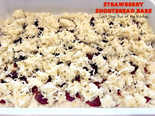 Strawberry Shortbread Bars | Can't Stay Out of the Kitchen | these fabulous #cookies have a shortbread crust, layered with #strawberry preserves & topped with a #coconut topping. They are terrific for #holiday parties & baking. #dessert