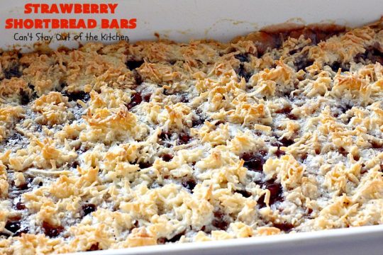Strawberry Shortbread Bars | Can't Stay Out of the Kitchen | these fabulous #cookies have a shortbread crust, layered with #strawberry preserves & topped with a #coconut topping. They are terrific for #holiday parties & baking. #dessert