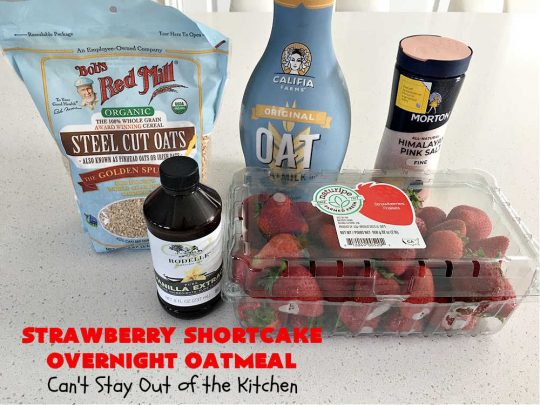 Strawberry Shortcake Overnight Oatmeal | Can't Stay Out of the Kitchen | Add a touch of #StrawberryShortcake to your morning #breakfast routine with this delightful #OvernightOatmeal #recipe. It's #healthy, #vegan, #GlutenFree, #SugarFree & cooks up in the #SlowCooker so it's really easy. #crockpot #oatmeal #SteelCutOats #holiday #HolidayBreakfast #StrawberryShortcakeOvernightOatmeal