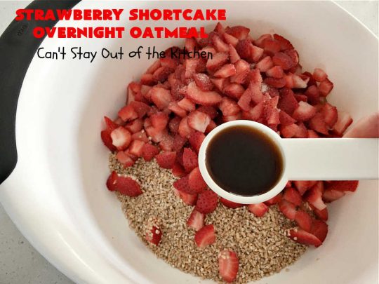 Strawberry Shortcake Overnight Oatmeal | Can't Stay Out of the Kitchen | Add a touch of #StrawberryShortcake to your morning #breakfast routine with this delightful #OvernightOatmeal #recipe. It's #healthy, #vegan, #GlutenFree, #SugarFree & cooks up in the #SlowCooker so it's really easy. #crockpot #oatmeal #SteelCutOats #holiday #HolidayBreakfast #StrawberryShortcakeOvernightOatmeal