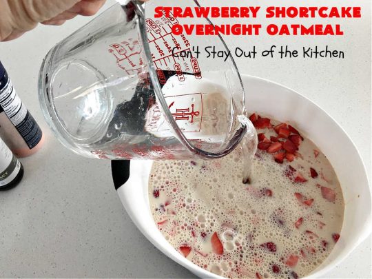 Strawberry Shortcake Overnight Oatmeal | Can't Stay Out of the Kitchen | Add a touch of #StrawberryShortcake to your morning #breakfast routine with this delightful #OvernightOatmeal #recipe. It's #healthy, #vegan, #GlutenFree, #SugarFree & cooks up in the #SlowCooker so it's really easy. #crockpot #oatmeal #SteelCutOats #holiday #HolidayBreakfast #StrawberryShortcakeOvernightOatmeal