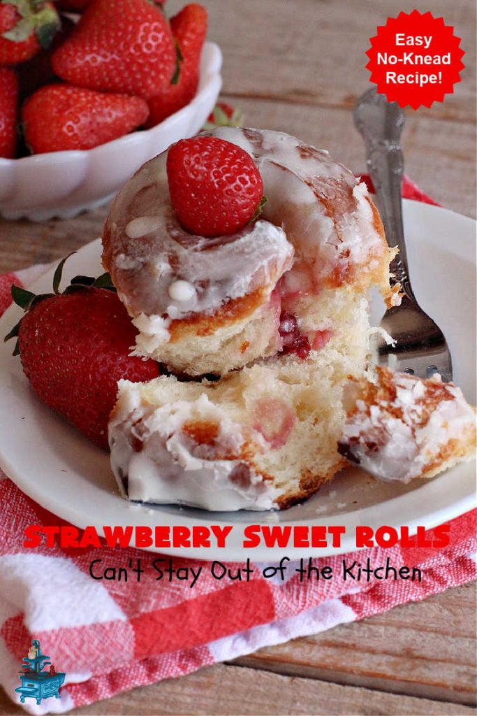 Strawberry Sweet Rolls | Can't Stay Out of the Kitchen | these luscious #SweetRolls don't have to be mixed or kneaded since all of that is done in the #breadmaker! These lovely #rolls are terrific for a company, #holiday or special occasion #Breakfast like #FathersDay. They're iced with a delectable #ButtercreamFrosting. #StrawberrySweetRolls are sure to please everyone. #HolidayBreakfast