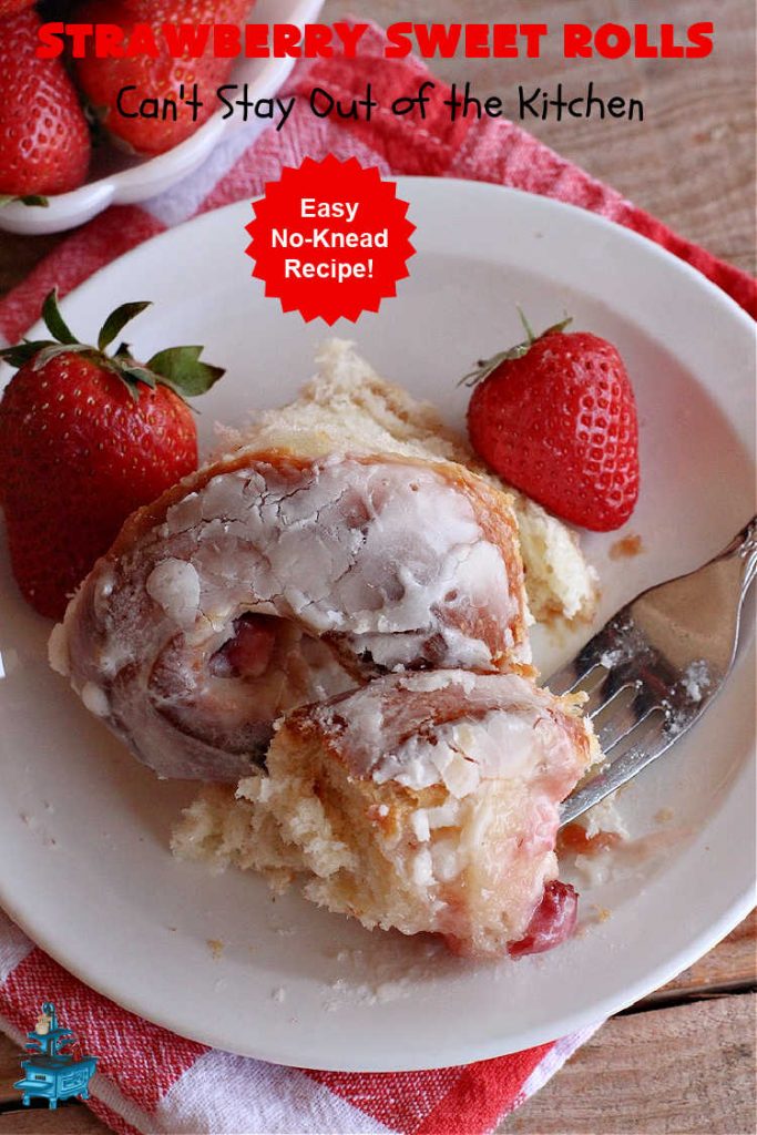 Strawberry Sweet Rolls | Can't Stay Out of the Kitchen | these luscious #SweetRolls don't have to be mixed or kneaded since all of that is done in the #breadmaker! These lovely #rolls are terrific for a company, #holiday or special occasion #Breakfast like #FathersDay. They're iced with a delectable #ButtercreamFrosting. #StrawberrySweetRolls are sure to please everyone. #HolidayBreakfast