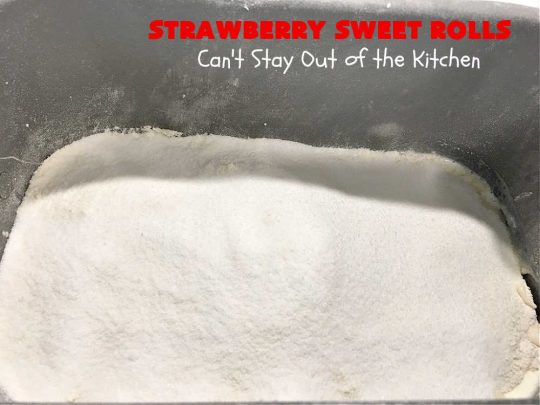 Strawberry Sweet Rolls | Can't Stay Out of the Kitchen | these luscious #SweetRolls don't have to be mixed or kneaded since all of that is done in the #breadmaker! These lovely #rolls are terrific for a company, #holiday or special occasion #Breakfast like #FathersDay. They're iced with a delectable #ButtercreamFrosting. #StrawberrySweetRolls are sure to please everyone. #HolidayBreakfast