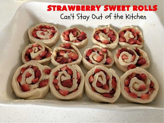Strawberry Sweet Rolls | Can't Stay Out of the Kitchen | these luscious #SweetRolls don't have to be mixed or kneaded since all of that is done in the #breadmaker! These lovely #rolls are terrific for a company, #holiday or special occasion #Breakfast like #FathersDay. They're iced with a delectable #ButtercreamFrosting. #StrawberrySweetRolls are sure to please everyone. #HolidayBreakfast