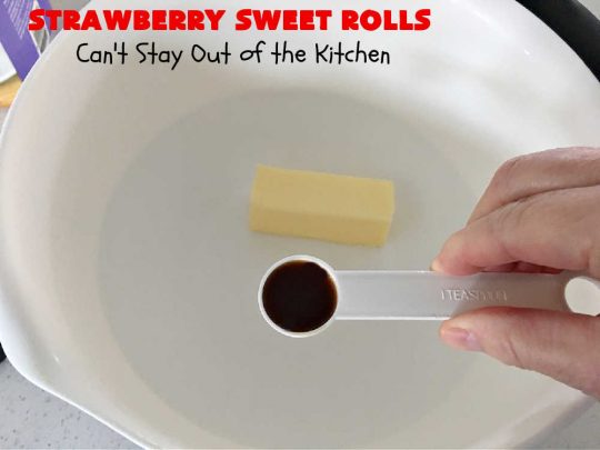 Strawberry Sweet Rolls | Can't Stay Out of the Kitchen | these luscious #SweetRolls don't have to be mixed or kneaded since all of that is done in the #breadmaker! These lovely #rolls are terrific for a company, #holiday or special occasion #Breakfast like #FathersDay. They're iced with a delectable #ButtercreamFrosting. #StrawberrySweetRolls are sure to please everyone. #HolidayBreakfast