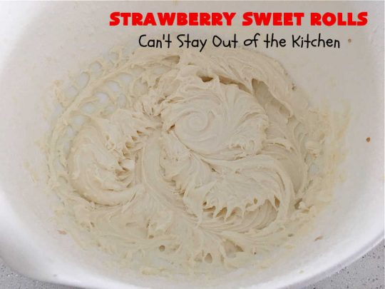 Strawberry Sweet Rolls | Can't Stay Out of the Kitchen | these luscious #SweetRolls don't have to be mixed or kneaded since all of that is done in the #breadmaker! These lovely #rolls are terrific for a company, #holiday or special occasion #Breakfast like #FathersDay. They're iced with a delectable #ButtercreamFrosting. #StrawberrySweetRolls are sure to please everyone. #HolidayBreakfast