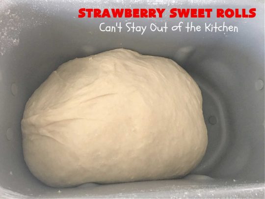 Strawberry Sweet Rolls | Can't Stay Out of the Kitchen | these luscious #SweetRolls don't have to be mixed or kneaded since all of that is done in the #breadmaker! These lovely #rolls are terrific for a company, #holiday or special occasion #Breakfast like #FathersDay. They're iced with a delectable #ButtercreamFrosting. #StrawberrySweetRolls are sure to please everyone. #HolidayBreakfast