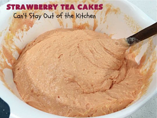 Strawberry Tea Cakes | Can't Stay Out of the Kitchen | these scrumptious #TeaCakes start with a #strawberry #CakeMix. These also include vanilla pudding & #WhiteChocolateChips. Beautiful, festive and elegant #dessert for #Christmas or #holiday baking. #cake #HolidayDessert #StrawberryDessert #StrawberryTeaCakes