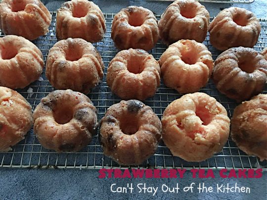 Strawberry Tea Cakes | Can't Stay Out of the Kitchen | these scrumptious #TeaCakes start with a #strawberry #CakeMix. These also include vanilla pudding & #WhiteChocolateChips. Beautiful, festive and elegant #dessert for #Christmas or #holiday baking. #cake #HolidayDessert #StrawberryDessert #StrawberryTeaCakes