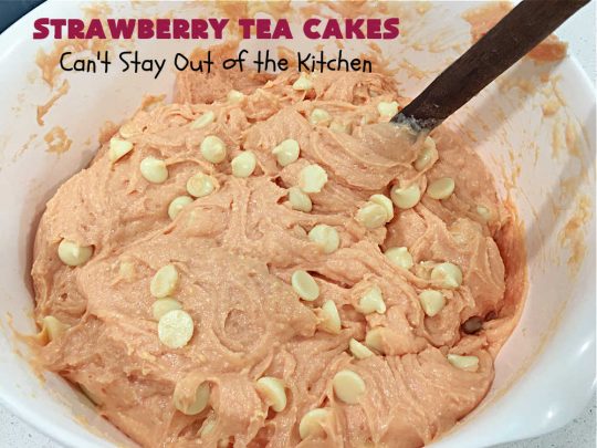 Strawberry Tea Cakes | Can't Stay Out of the Kitchen | these scrumptious #TeaCakes start with a #strawberry #CakeMix. These also include vanilla pudding & #WhiteChocolateChips. Beautiful, festive and elegant #dessert for #Christmas or #holiday baking. #cake #HolidayDessert #StrawberryDessert #StrawberryTeaCakes
