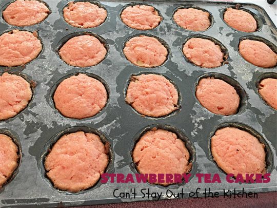 Strawberry Tea Cakes | Can't Stay Out of the Kitchen | these scrumptious #TeaCakes start with a #strawberry #CakeMix. These also include vanilla pudding & #WhiteChocolateChips. Beautiful, festive and elegant #dessert for #Christmas or #holiday baking. #cake #HolidayDessert #StrawberryDessert #StrawberryTeaCakes