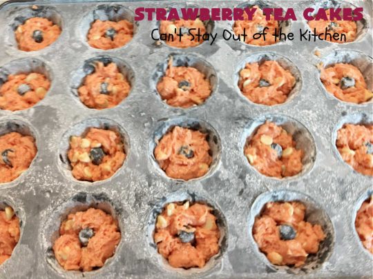 Strawberry Tea Cakes | Can't Stay Out of the Kitchen | these scrumptious #TeaCakes start with a #strawberry #CakeMix. These also include vanilla pudding & #WhiteChocolateChips. Beautiful, festive and elegant #dessert for #Christmas or #holiday baking. #cake #HolidayDessert #StrawberryDessert #StrawberryTeaCakes