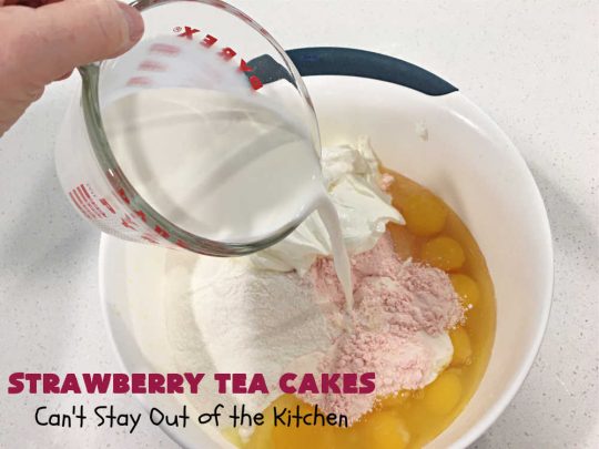 Strawberry Tea Cakes | Can't Stay Out of the Kitchen | these scrumptious #TeaCakes start with a #strawberry #CakeMix. These also include vanilla pudding & #WhiteChocolateChips. Beautiful, festive and elegant #dessert for #Christmas or #holiday baking. #cake #HolidayDessert #StrawberryDessert #StrawberryTeaCakes