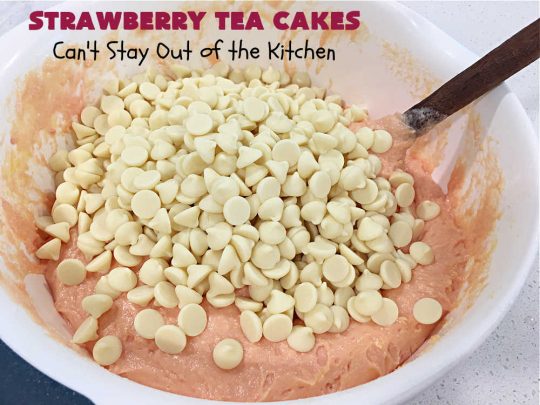 Strawberry Tea Cakes | Can't Stay Out of the Kitchen | these scrumptious #TeaCakes start with a #strawberry #CakeMix. These also include vanilla pudding & #WhiteChocolateChips. Beautiful, festive and elegant #dessert for #Christmas or #holiday baking. #cake #HolidayDessert #StrawberryDessert #StrawberryTeaCakes