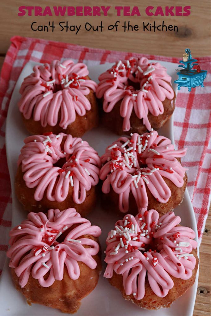 Strawberry Tea Cakes | Can't Stay Out of the Kitchen | these scrumptious #TeaCakes start with a #strawberry #CakeMix. These also include vanilla pudding & #WhiteChocolateChips. Beautiful, festive and elegant #dessert for #Christmas or #holiday baking. #cake #HolidayDessert #StrawberryDessert #StrawberryTeaCakes
