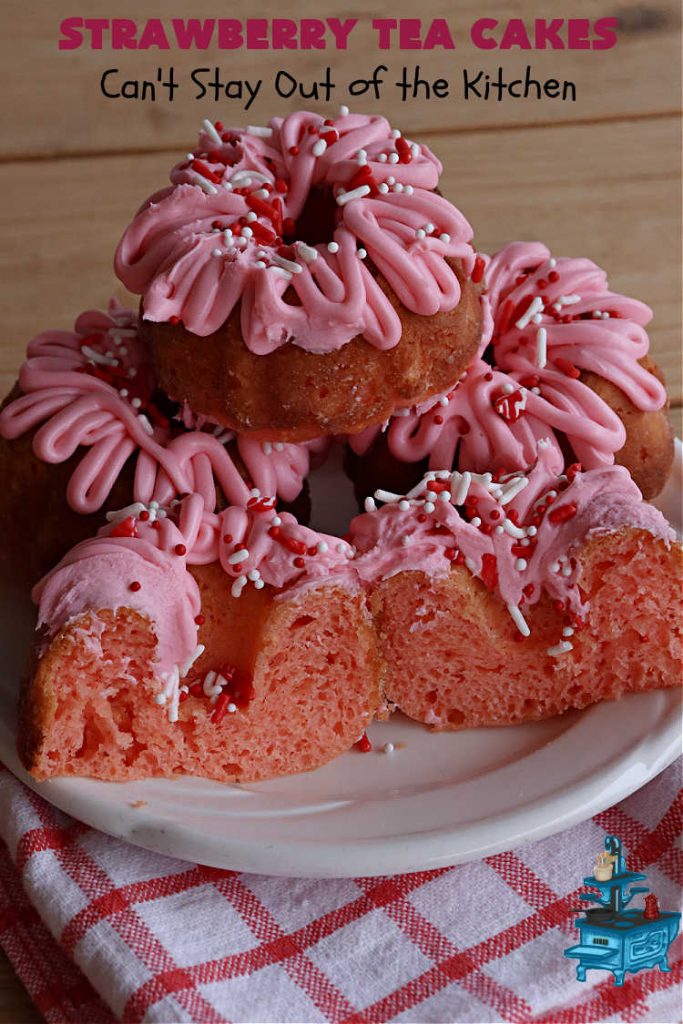 Strawberry Tea Cakes | Can't Stay Out of the Kitchen | these scrumptious #TeaCakes start with a #strawberry #CakeMix. These also include vanilla pudding & #WhiteChocolateChips. Beautiful, festive and elegant #dessert for #Christmas or #holiday baking. #cake #HolidayDessert #StrawberryDessert #StrawberryTeaCakes