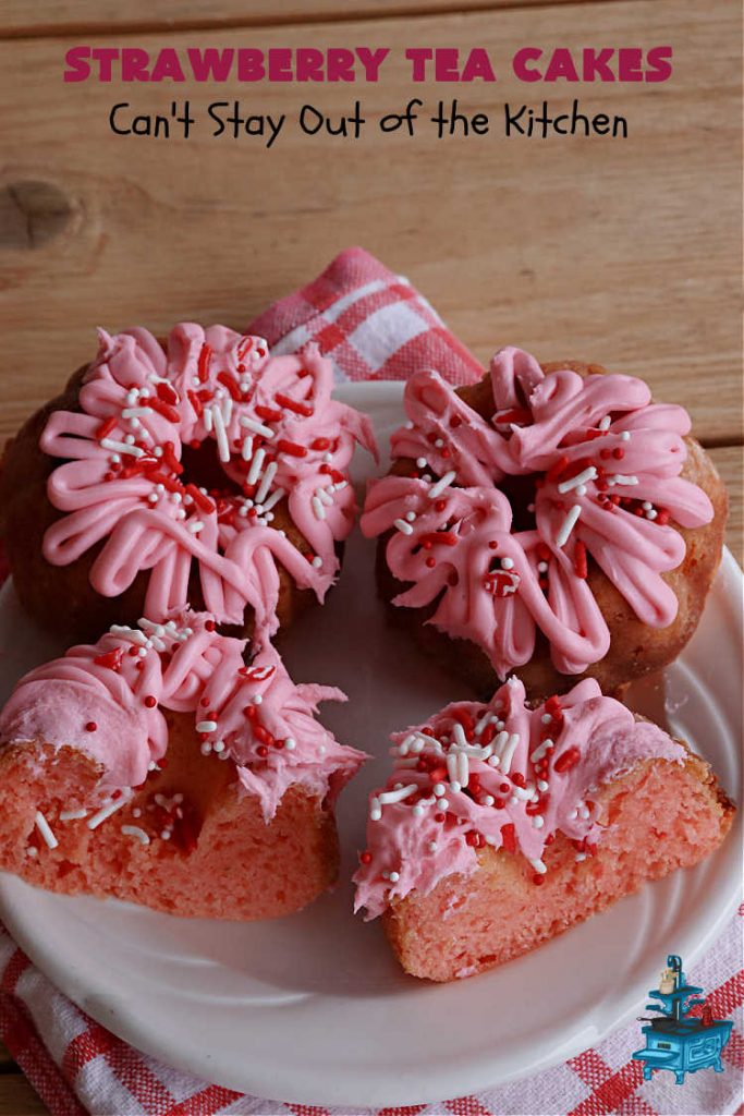 Strawberry Tea Cakes | Can't Stay Out of the Kitchen | these scrumptious #TeaCakes start with a #strawberry #CakeMix. These also include vanilla pudding & #WhiteChocolateChips. Beautiful, festive and elegant #dessert for #Christmas or #holiday baking. #cake #HolidayDessert #StrawberryDessert #StrawberryTeaCakes