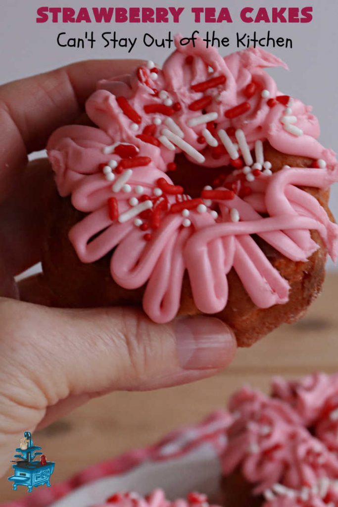 Strawberry Tea Cakes | Can't Stay Out of the Kitchen | these scrumptious #TeaCakes start with a #strawberry #CakeMix. These also include vanilla pudding & #WhiteChocolateChips. Beautiful, festive and elegant #dessert for #Christmas or #holiday baking. #cake #HolidayDessert #StrawberryDessert #StrawberryTeaCakes