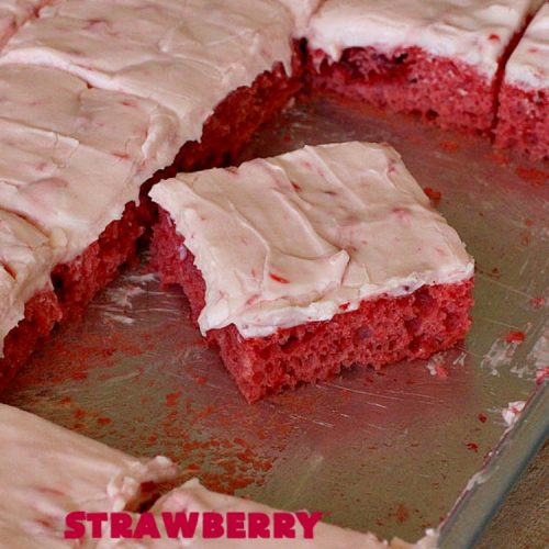 Strawberry Texas Sheet Cake | Can't Stay Out of the Kitchen | this amazing #dessert will have you drooling from the first bite! The #CreamCheese icing is fantastic. Perfect #cake for company or #holidays because it feeds a crowd and everyone wants seconds! #SheetCake #TexasSheetCake #strawberries #StrawberryTexasSheetCake #HolidayDessert #Christmas #ValentinesDay