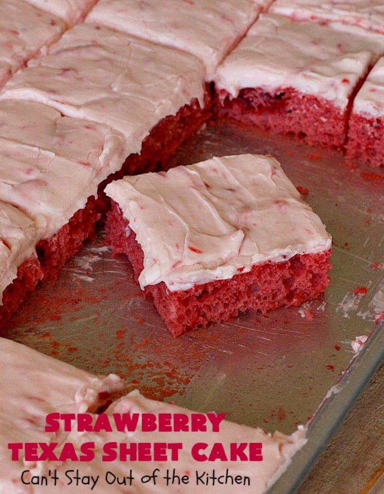 Strawberry Texas Sheet Cake | Can't Stay Out of the Kitchen | this amazing #dessert will have you drooling from the first bite! The #CreamCheese icing is fantastic. Perfect #cake for company or #holidays because it feeds a crowd and everyone wants seconds! #SheetCake #TexasSheetCake #strawberries #StrawberryTexasSheetCake #HolidayDessert #Christmas #ValentinesDay