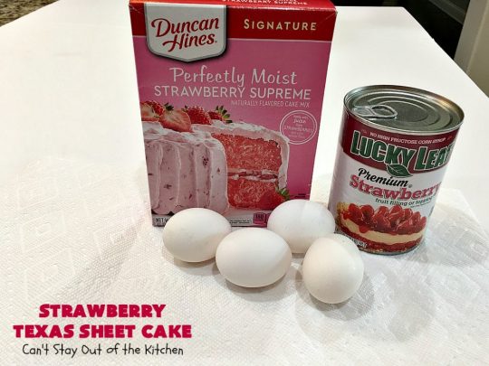Strawberry Texas Sheet Cake | Can't Stay Out of the Kitchen | this amazing #dessert will have you drooling from the first bite! The #CreamCheese icing is fantastic. Perfect #cake for company or #holidays because it feeds a crowd and everyone wants seconds! #SheetCake #TexasSheetCake #strawberries #StrawberryTexasSheetCake #HolidayDessert #Christmas #ValentinesDay