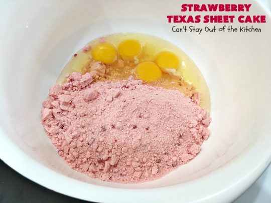 Strawberry Texas Sheet Cake | Can't Stay Out of the Kitchen | this amazing #dessert will have you drooling from the first bite! The #CreamCheese icing is fantastic. Perfect #cake for company or #holidays because it feeds a crowd and everyone wants seconds! #SheetCake #TexasSheetCake #strawberries #StrawberryTexasSheetCake #HolidayDessert #Christmas #ValentinesDay