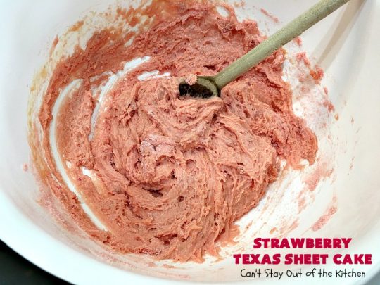 Strawberry Texas Sheet Cake | Can't Stay Out of the Kitchen | this amazing #dessert will have you drooling from the first bite! The #CreamCheese icing is fantastic. Perfect #cake for company or #holidays because it feeds a crowd and everyone wants seconds! #SheetCake #TexasSheetCake #strawberries #StrawberryTexasSheetCake #HolidayDessert #Christmas #ValentinesDay