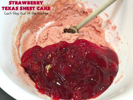 Strawberry Texas Sheet Cake | Can't Stay Out of the Kitchen | this amazing #dessert will have you drooling from the first bite! The #CreamCheese icing is fantastic. Perfect #cake for company or #holidays because it feeds a crowd and everyone wants seconds! #SheetCake #TexasSheetCake #strawberries #StrawberryTexasSheetCake #HolidayDessert #Christmas #ValentinesDay
