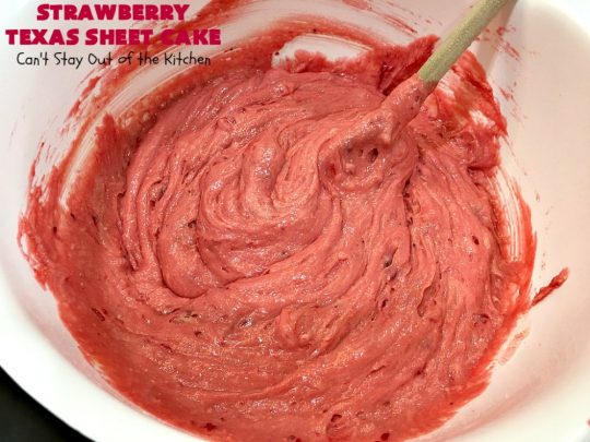 Strawberry Texas Sheet Cake | Can't Stay Out of the Kitchen | this amazing #dessert will have you drooling from the first bite! The #CreamCheese icing is fantastic. Perfect #cake for company or #holidays because it feeds a crowd and everyone wants seconds! #SheetCake #TexasSheetCake #strawberries #StrawberryTexasSheetCake #HolidayDessert #Christmas #ValentinesDay