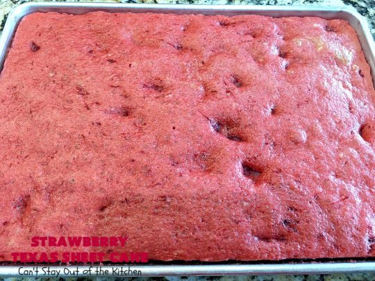 Strawberry Texas Sheet Cake | Can't Stay Out of the Kitchen | this amazing #dessert will have you drooling from the first bite! The #CreamCheese icing is fantastic. Perfect #cake for company or #holidays because it feeds a crowd and everyone wants seconds! #SheetCake #TexasSheetCake #strawberries #StrawberryTexasSheetCake #HolidayDessert #Christmas #ValentinesDay